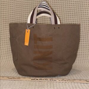 Pink Hazel Brown Canvas Tote Bag with Striped Handles